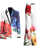 Fashion V-Neck Flower Print  Jacket & Pants Women's Suits