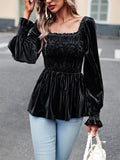 Ladies Puff Long Sleeve Square-neck Velvet Shirt