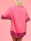 Women's Heart Print Sequins Casual Pink Shirt