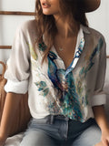 Women's Elegant Peacock Printed Lapel Long Sleeve Blouses