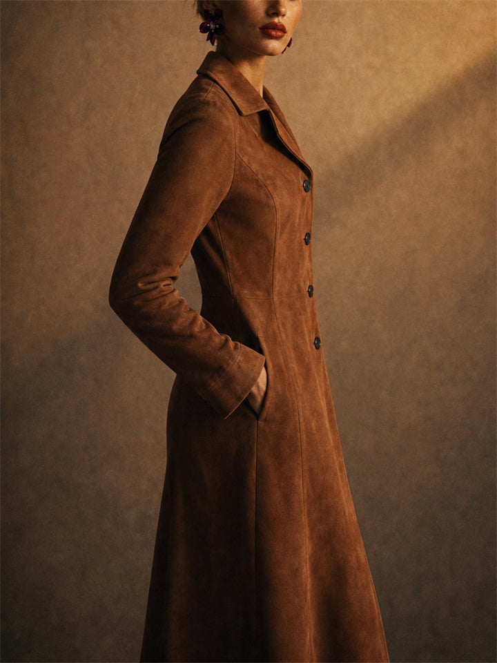 Womens Vintage Brown Faux Suede A Line Button Down Midi Coats