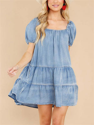 Women's Fashion Light Blue Denim Ruffled Hem Cake Dress