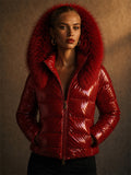 Women Shiny Faux Fur Hood Winter Puffer Parka Coats