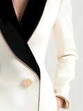 Ladies' Elegant Asymmetrical White Blazer with Black Contrast Color Collar