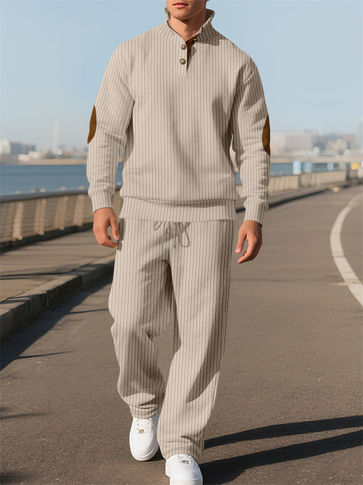 Men's Casual Solid Color Pit Stripe Drawstring Stand Collar Sweatshirts & Sweatpants Outfit