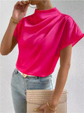 Ladies' Elegant Solid Color Semi-high Neck Short Sleeve Satin Blouses