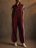 Women Zip Up Short Sleeve Striped Athletic Jumpsuit
