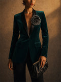 Women Elegant Emerald Green Velvet Blazer with 3D Flower Decor