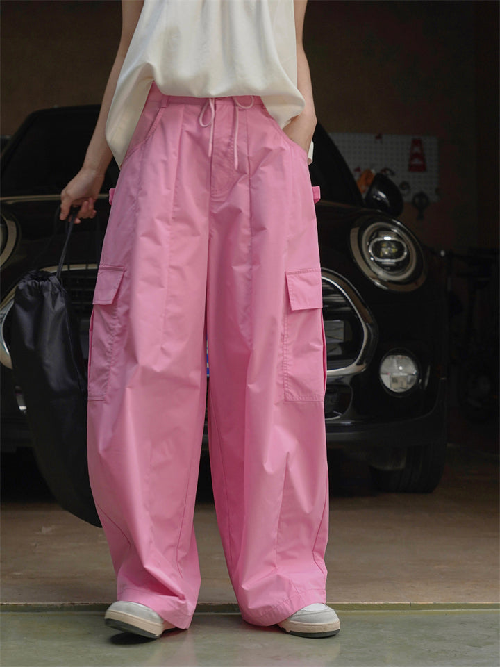 Female Solid Color Drawstring Elastic Waist Cargo Pants