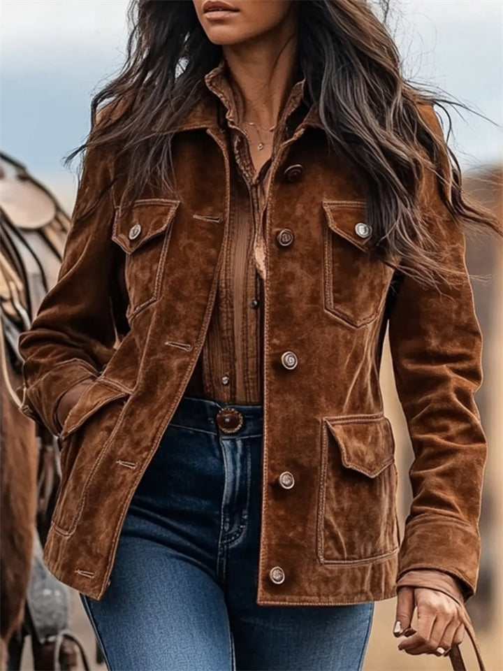 ‌Women's Vintage Brown Suede Western Style Jacket with Pockets