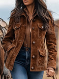 ‌Women's Vintage Brown Suede Western Style Jacket with Pockets