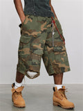 Men's Vintage Camouflage Distressed Ripped Design Cargo Shorts