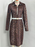 ‌Leopard Print Zip Up Lapel Belted Maxi Dress for Women‌