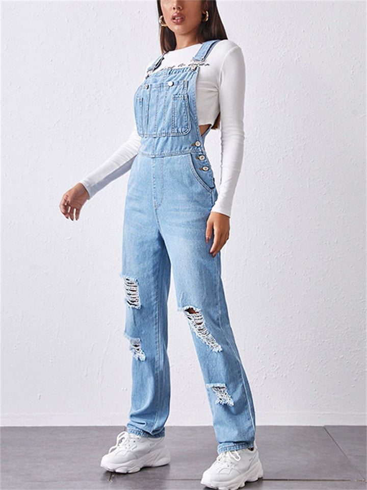 Women's Casual Solid Color Pockets Denim Ripped Jumpsuits