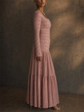 Women Smocked Square Neck Long Sleeve Tiered Maxi Dress