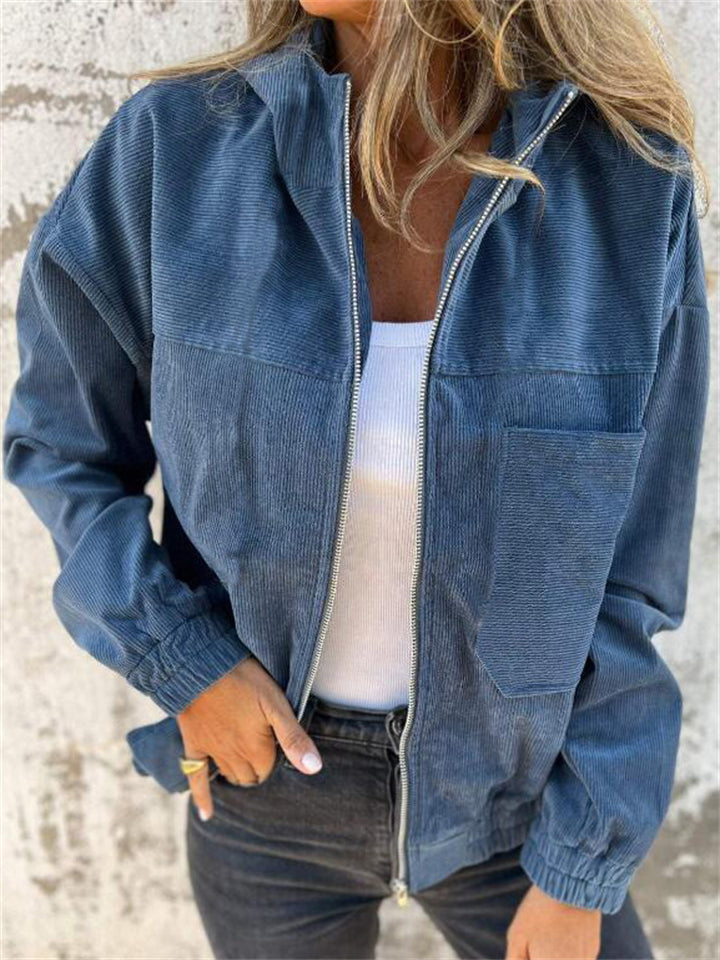 ‌Women's Autumn Corduroy Zipper Hooded Jacket‌ with Pockets