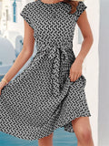 Female Popular Waist Lacing Cap Sleeve Printed Dresses