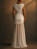 Women Ruched Draped Mesh Patchwork Formal Evening Maxi Dress