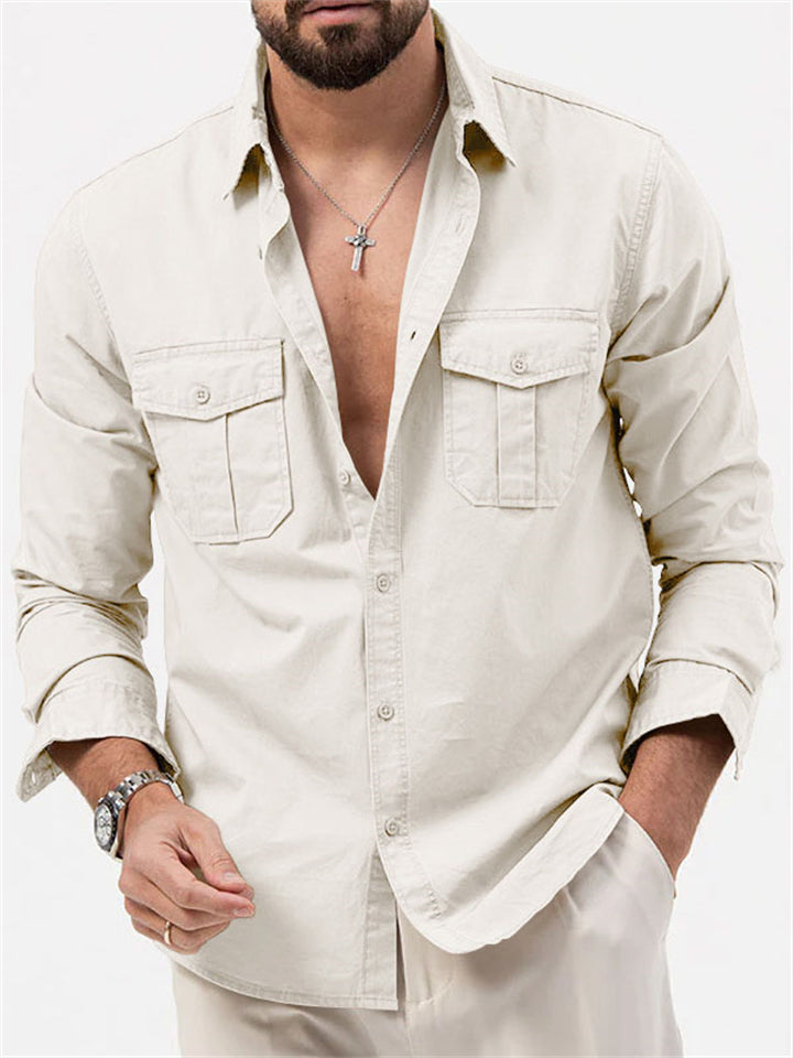 Autumn Long Sleeve Lapel Collar Chest Pocket Male Shirt