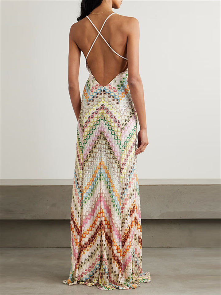 Female's Elegant Contrast Color Printed Party Slim Fit Halter Strap Dress