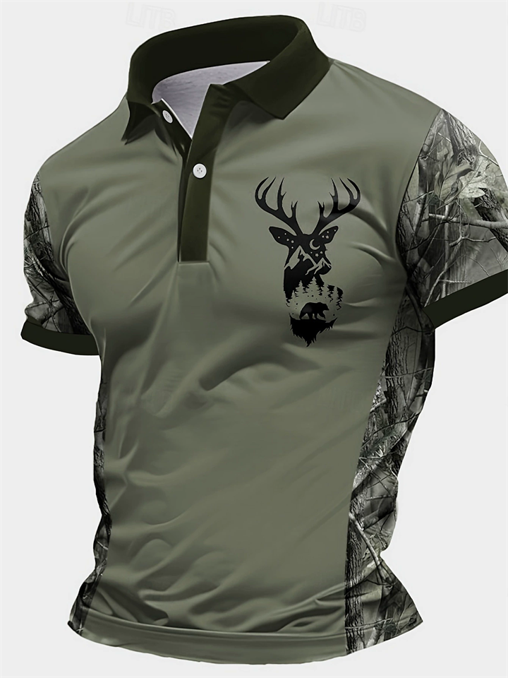 Men's Camo Deer Print Polo Shirt Summer Casual Fashion Outdoor