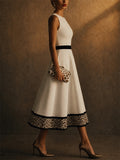 Women White Sleeveless A Line Midi Elegant Leopard Hem Dress