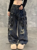 Women's Streetwear Distressed Ripped Cargo Denim Pants with Pockets