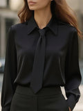 Ladies' Elegant Simple Solid Color Long Sleeve Blouses with Tie