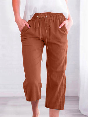 Women's Summer Solid Color Drawstring Straight Capri Pants