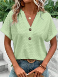 Women's Casual Solid Color Jacquard Button V-neck Pullover T-shirts