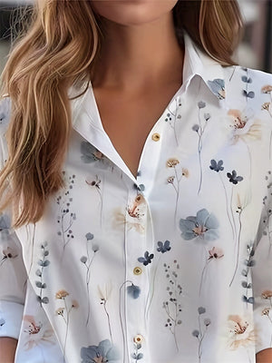 Women's Elegant White Printed Button Up Lapel Long Sleeve Blouses