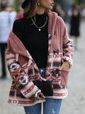 Women's Autumn Contrast Color Printed Patchwork Button Up Fleece Coats