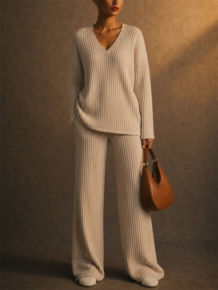 Women V Neck Ribbed Knit 2 Piece Sweater and Wide Leg Pants Set