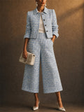 Women 2 Piece Chic Tweed Plaid Cropped Jacket Wide Leg Pants Set