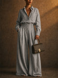 Women Vintage 2 Piece Set Button Down Shirt and Wide Leg Pants