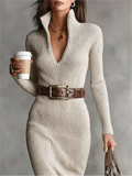 Women's Half Zipper V Neck Pit Stripe Slim Fit Long Sleeve Dresses