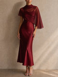 Womens Elegant Chiffon Capelet Overlay Wedding Guest Midi Dress