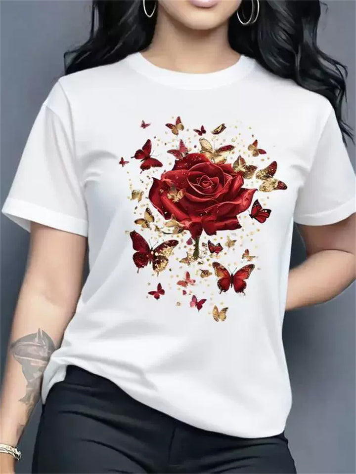 Women's Rose Butterfly Graphic Floral Print Round Neck Summer Tshirts