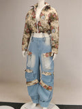 Women's 2Pcs Floral Jacquard Crop Top & Cargo Denim Pants Set