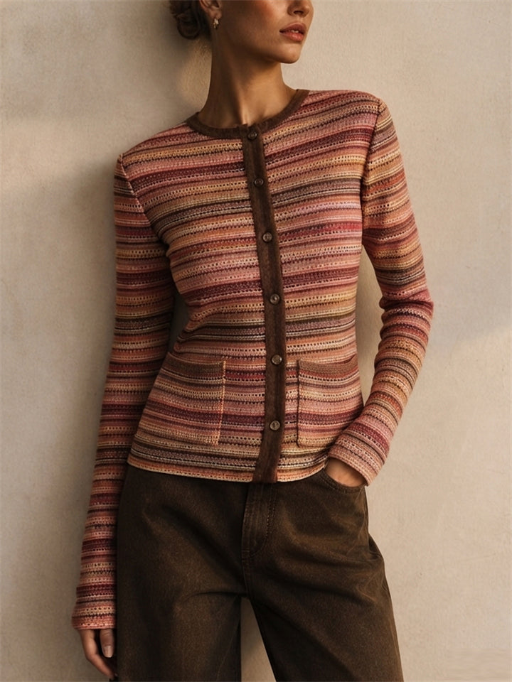 Women Slim Button Down Pockets Striped Flare Sleeve Cardigan