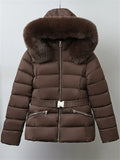Women's Winter Solid Color Belted Fleeced Coat with Faux Fur Collar