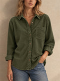 Women Corduroy Button Down Shirt Long Sleeve Pocket Casual Blouse