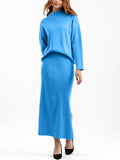 Elegant Crew Neck Knitted Sweater + Side Slit Skirt