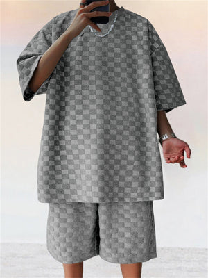 Loose Sporty Short Sleeve Jacquard Plaid Outfits for Men
