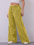 Women's Summer Contrast Color Striped Mid-Rise Drawstring Wide Leg Pants