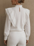 Women's Stylish Sequin Lace Ruffle High Neck Victorian Blouse