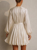 Women Puff Sleeve Bubble Hem Belted Party Mini Dress