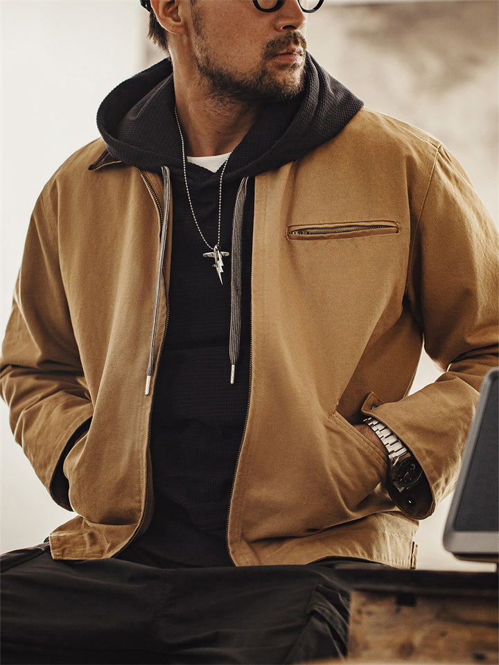 Men's Retro Contrast Color Lapel Long Sleeve Zip Up Jacket Coats