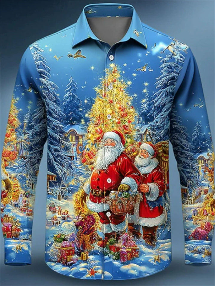 Men's Christmas Tree Santa Claus 3D Printed Lapel Long Sleeve Shirts
