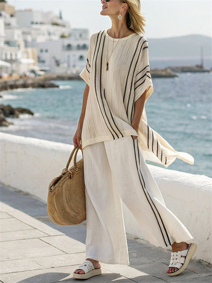 Women's 2pcs Summer Contrast Color Stripe Short Sleeve Top & Pants Set